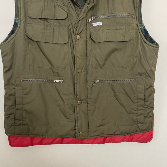Vtg Windbreaker Army Green Flannel Lined Hunting Field Vest Packable Hood 80s L - Picture 3 of 10